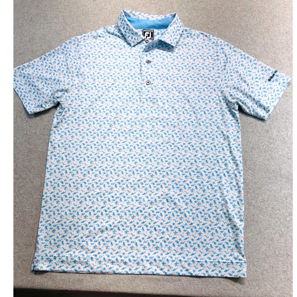 FootJoy FJ Mens M Golf Polo Baker Hughes Beach Shark Flamingo Print Athletic Fit